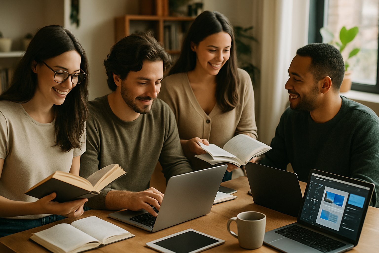 het moet wel realistisch zijn. Boekbuddies is een bedrijf dat how to guides maakt. templates verkoopt, e-books maakt en op aanvraag e-books maakt. maak een afbeelding zonder text. ik wil mensen erop die een boek hebben en ook mensen die je ziet op de laptop, mensen die aan het communiceren zijn met elkaar. in een realistische, relaxte setting. 